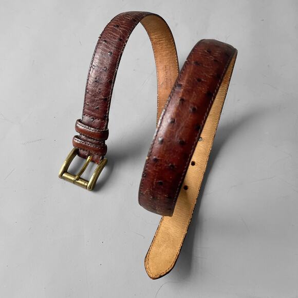 Vintage 80s Norma Kamali Signed Ostrich Belt Genuine Leather Brass Buckle Jeans - Picture 2 of 8